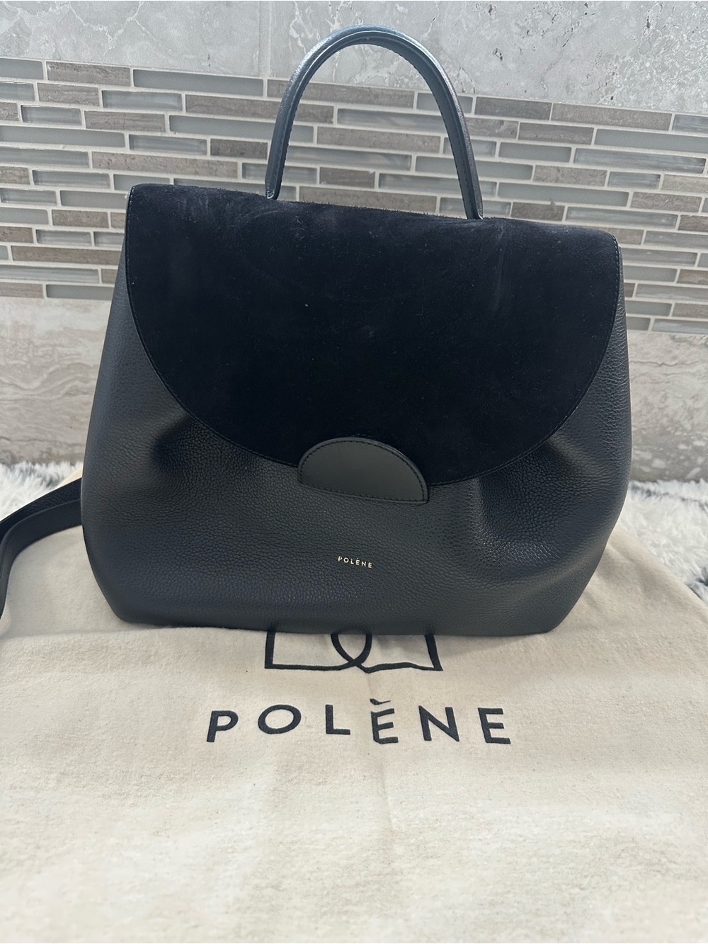 Polène Number One Trio Black Leather and Suede Top Handle Bag